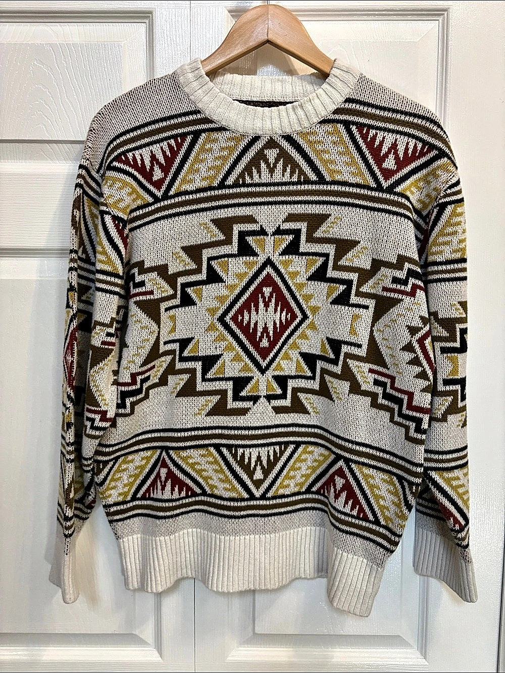 Hanson Mills Geometric Crewneck Sweater White Multicolor Medium